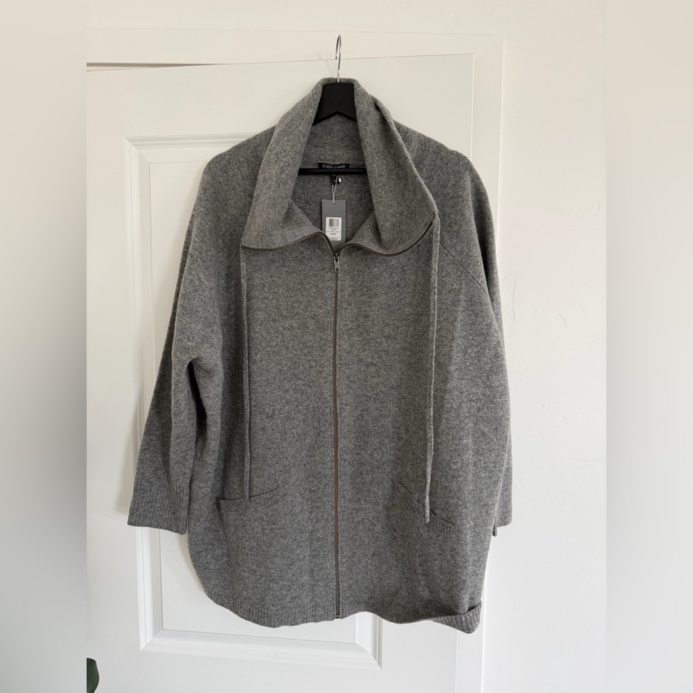 NEW Eileen Fisher Women's moon funnel neck cardigan grey 100% wool XL